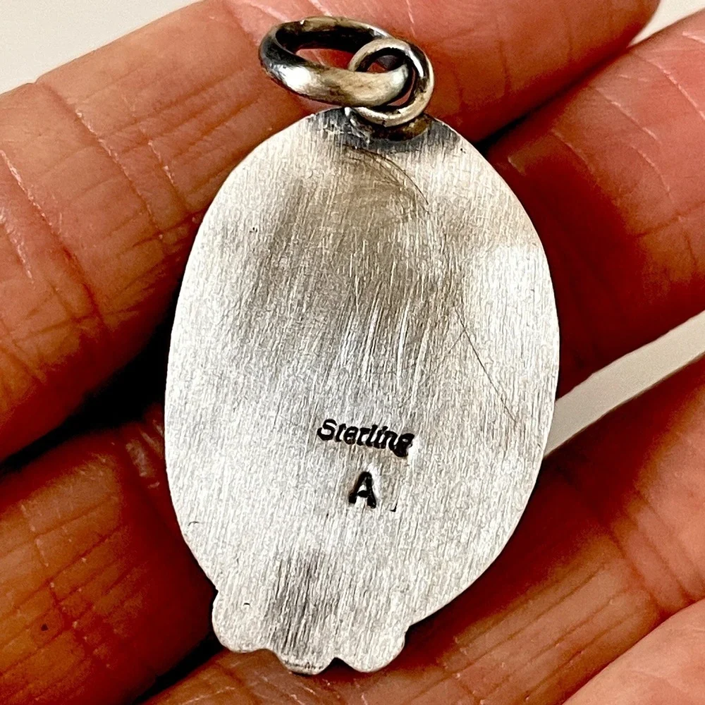 Navajo Natural Turquoise Pendant 1.75 in Signed A Oval Sterling Matte Patina‎